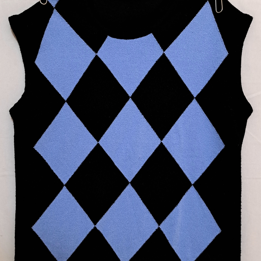 Sisley Argyle Turtleneck Sleeveless Sweater Vest Black Blue‎ Made in Italy Small